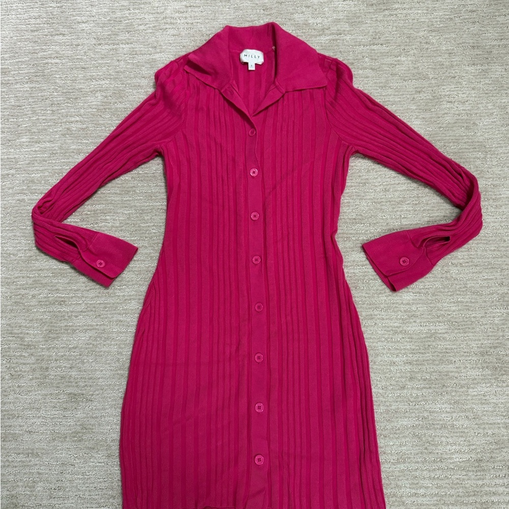 MILLY Polo Cardigan Pink Ribbed Knit Dress Small - Picture 2 of 5